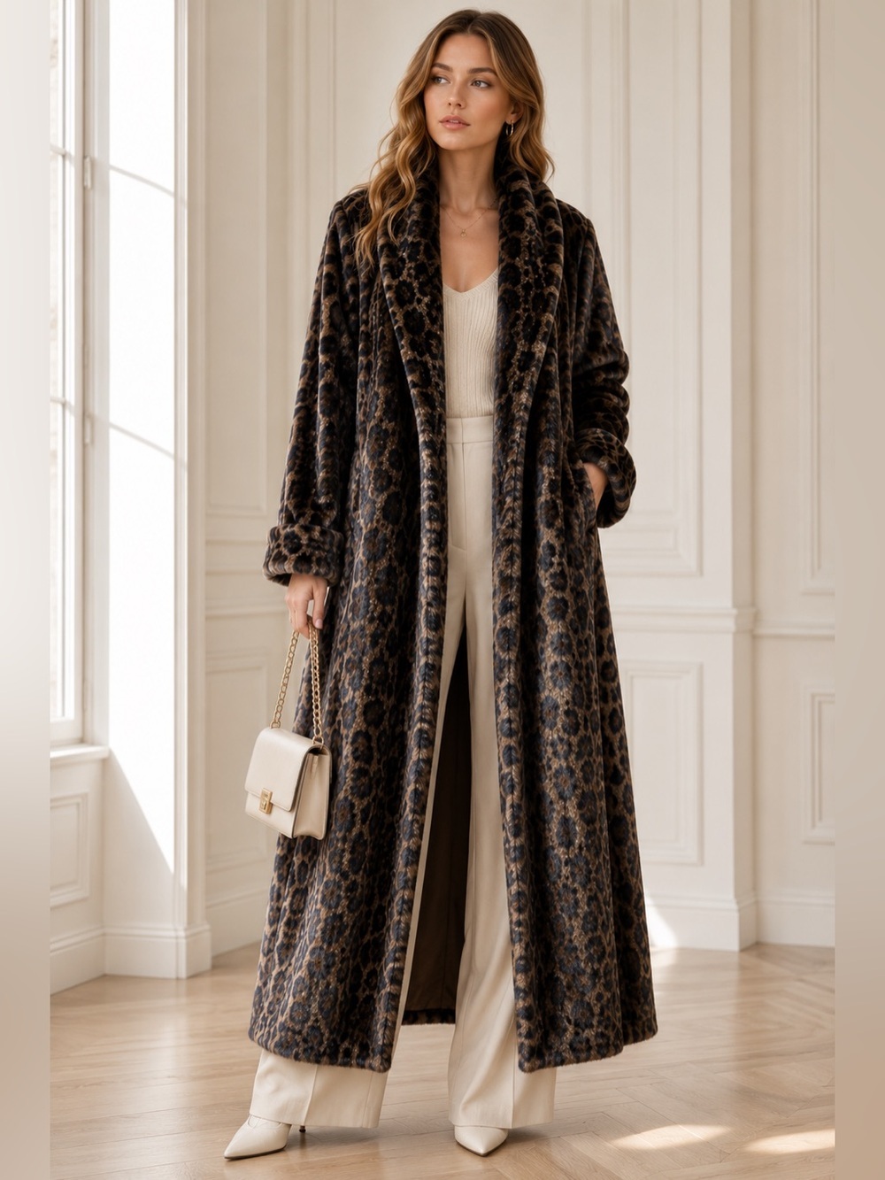 Cache Vintage Full Length Faux Leopard Fur Swing Coat Brown Black USA Large 10